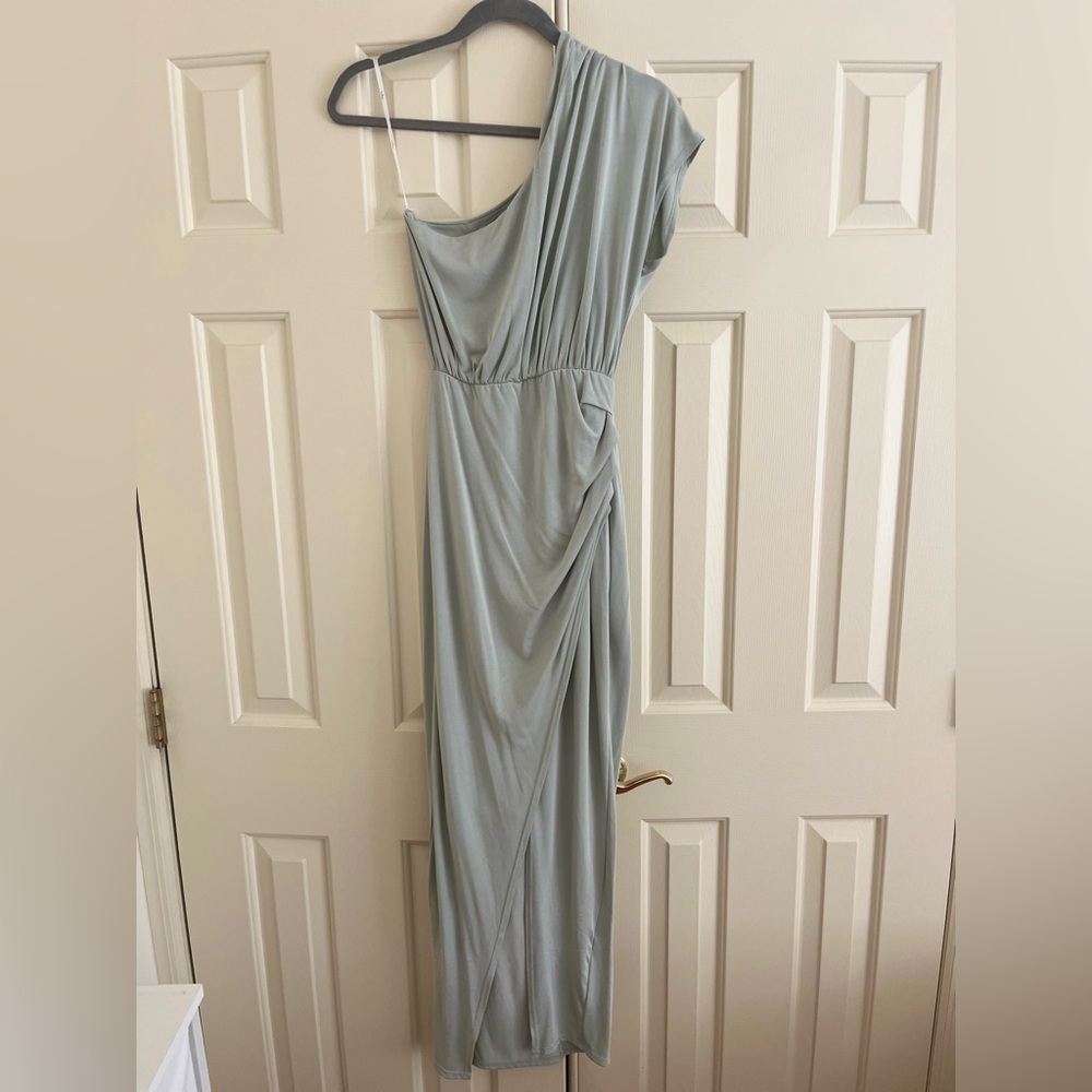 Lulu's Green Ruched Asymmetrical Gown